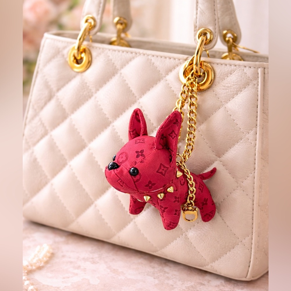 BUY NOW SALE 🔥 Plush Frenchie Bulldog Keychain w/ Gold Spiked Collar and Chain - Picture 3 of 16